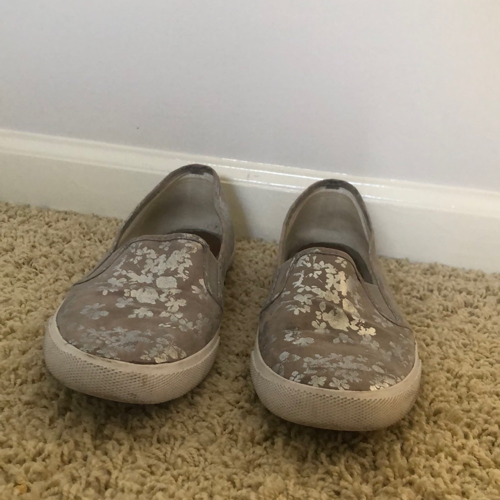 Gray and silver slip on flat sneakers